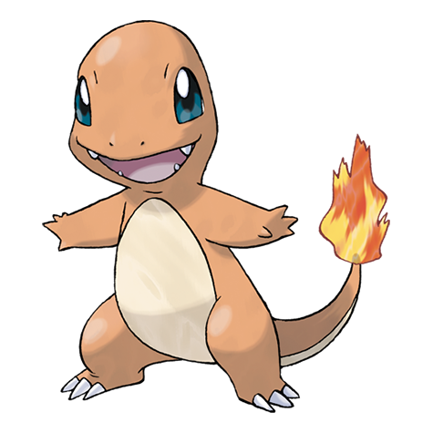 Charmander, lagartija naranja con llama ardiendo en la cola